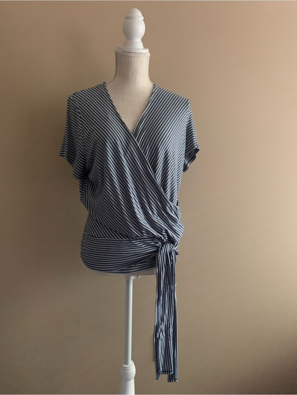 Vince Camuto Navy and White Striped Wrap Tie Blouse